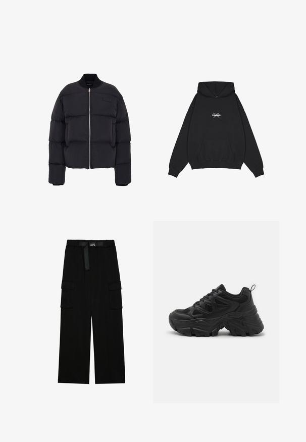 Doudoune noire au design court, épais motif matelassé, poignets côtelés et fermeture éclair à l'avant. Présente un patch de marque sur la poitrine.; Pegador BELLY OVERSIZED HOODIE - Sweat à capuche - washed black; Pantalons cargo noirs avec une coupe large, taille élastique avec une ceinture, et deux grandes poches latérales pour le rangement.; Baskets de sport noires avec une tige en maille texturée, semelle en caoutchouc incurvée et motif de semelle prononcé. Dotées de lacets intégrés et d'une languette de traction.