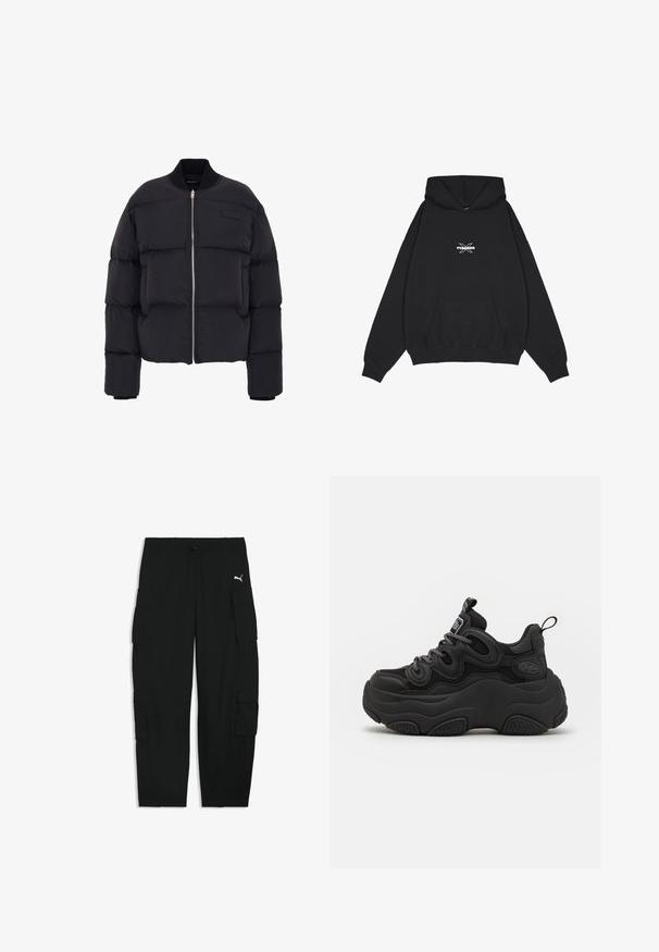 Schwarze Pufferjacke mit verkürztem Design, dickem Steppmuster, gerippten Bündchen und einem Reißverschluss vorne. Verfügt über ein Markenpatch auf der Brust.; Pegador BELLY OVERSIZED HOODIE - Kapuzenpullover - washed black; Schwarze Cargohose mit elastischem Bund, Kordelzug, seitlichen Klappentaschen und kleinem weißen Puma-Logo auf dem rechten Oberschenkel.; Schwarzer Sneaker mit chunky Design, featuring einem strukturierten Obermaterial, Mesh-Einsätzen und einer dicken Gummisohle. Reflexionsschnürsenkel und sichtbare Markendetails.
