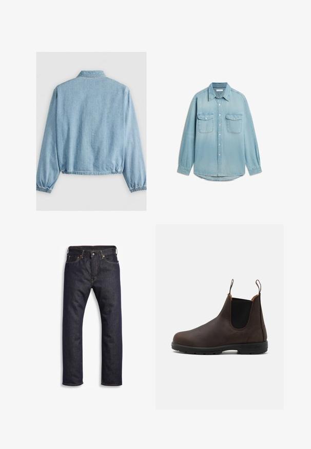 Lys blå denimjakke med krave, elastiske ærmer og en rynket underkant for en afslappet pasform. Glat tekstur med minimal detaljering.; Lyseblå denimskjorte med lange ærmer, to brystlommer med klap, knappet front og spids krave.; Mørkeblå denimjeans med lige snit, fem-lomme design, metalbeslag og kontrasterende orange syninger. Glat tekstur, ingen synlige mønstre.; Brun læder ankelstøvle med elastiske sidepaneler og løftestropper, der har en struktureret overflade og en holdbar sort gummisål.