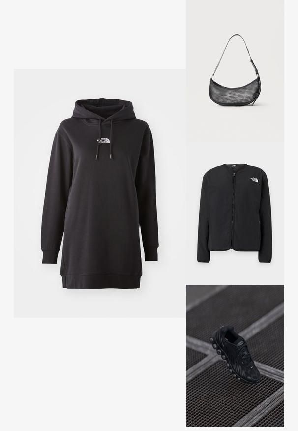 Sort lynlåsjakke med rund hals, der har The North Face-logoet i hvidt på venstre bryst. Letvægtsstof, lange ærmer, ingen mønstre.; Sort hoodie kjole lavet af blødt stof, med en front kangaroo lomme, justerbar snørehætte og et lille logo på brystet.; Sort sportsko med en tekstureret overdel, rund sål og synlig luftpolstring. Har snørebåndsdesign og brandlogo som accent.; Lille sort mesh skuldertaske i halvmåneform med justerbar tynd rem, sat mod en ensfarvet lys baggrund.