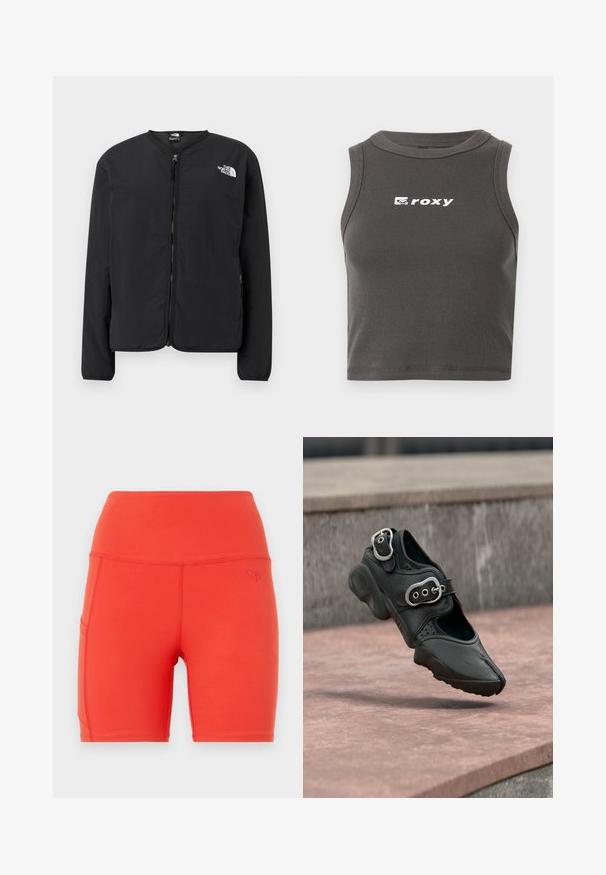 Veste noire à fermeture éclair sur le devant avec un col rond, arborant le logo The North Face en blanc sur la poitrine gauche. Tissu léger, manches longues, sans motifs.; Top court à col rond en ribbed gris, sans manches. Présente le logo "roxy" en blanc à l'avant.; Shorts de sport rouges avec une taille haute, fabriqués à partir d'un matériau lisse et extensible. Comprend une poche latérale et un petit logo en relief.; Chaussure noire à bout fendu avec deux boucles argentées, semelle épaisse et détails perforés, flottant au-dessus d'une surface en pierre.