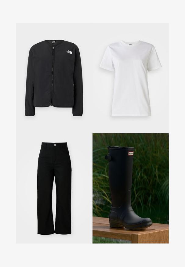 Sort lynlåsjakke med rund hals, der har The North Face-logoet i hvidt på venstre bryst. Letvægtsstof, lange ærmer, ingen mønstre.; Hvid bomulds t-shirt med rund hals og korte ærmer. Stoffet er glat med en blød tekstur og uden synlige mønstre eller detaljer.; Sorte højtaljede bukser med lige ben, forlommer, bæltestropper og sølvfarvet knaplukning på hvid baggrund.; Sort gummistøvle til knæene med rundt tå, let hæl og en spænde rem. Har "HUNTER" logoet på forsiden.