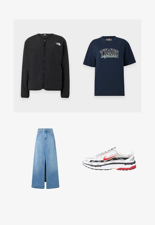 Čierna bunda s predným zipsom a okrúhlym výstrihom, s logom The North Face v bielej farbe na ľavej hrudi. Ľahký materiál, dlhé rukávy, bez vzorov.; Námornícky modré bavlnené tričko s voľným strihom. Obsahuje grafický dizajn s textom "TIMBS Authentic" v kontrastných farbách. Krátke rukávy, okrúhly výstrih.; Svetlomodrá džínsová maxi sukňa s predným rozparkom, typický A-líniový strih, zakončený lem a klasický dizajn s piatimi vreckami. Zapínanie na gombík v páse.; Biele a čierne športové topánky s červenými a zlatými akcentmi. Obsahujú sieťovinový zvršok, polstrovanú podrážku a bezpečný šnurovací dizajn.