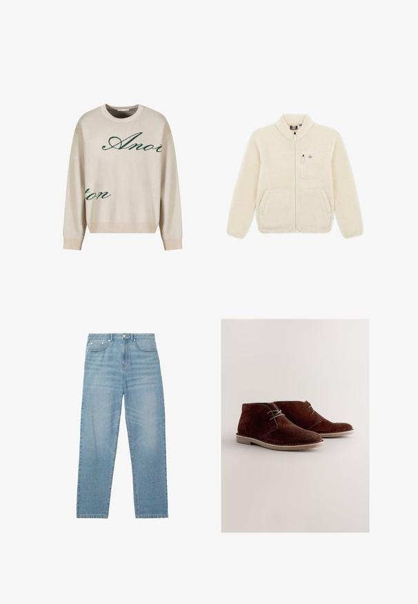 Chaqueta de forro polar en color crema con un alto cuello, cremallera frontal, dos bolsillos laterales y un bolsillo en el pecho. Tejido suave y texturizado.; Jersey de punto beige con texto verde en cursiva. Cuello y puños acanalados, corte relajado, con una textura suave.; Reiss Vaqueros boyfriend - light blue wash; Botines de ante marrón con punta redondeada, cordones grises y suela de goma de color claro. Diseño sencillo con detalles de costuras.