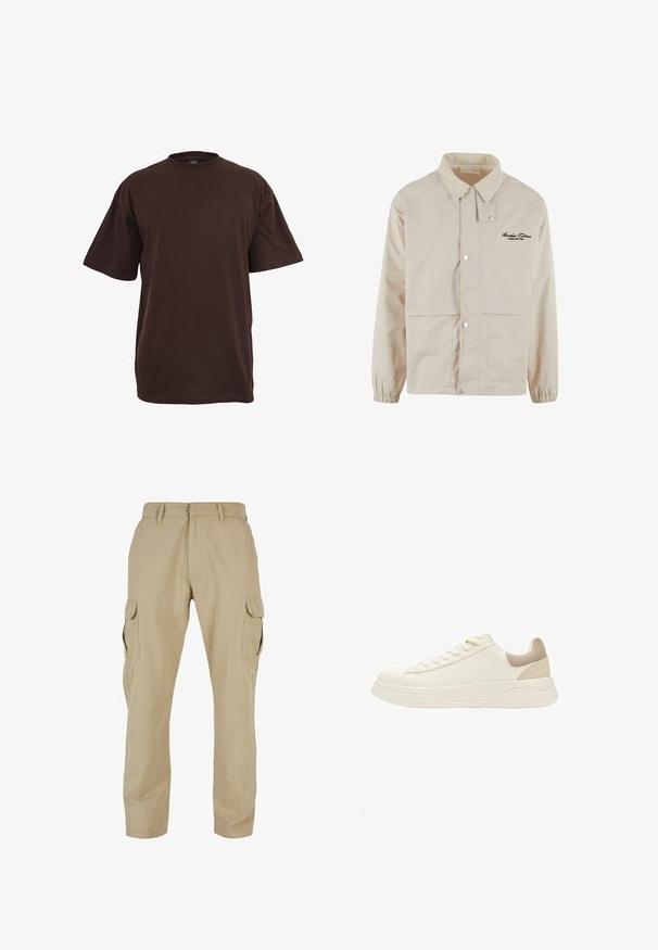Beige jasje van gladde stof, met een corduroy kraag, drukknoopsluiting en twee vo pockets. Subtiel logo geborduurd op de borst.; Bruine katoen t-shirt met korte mouwen, ronde hals en een relaxte pasvorm. Glad textuur zonder zichtbare patronen of accenten.; Beige cargopants van katoen-twill, met meerdere zijzakken, een recht model en een ritssluiting met beltloops.; Lage off-white sneaker met dikke zool, veters aan de voorkant en een beige suède hielstuk, zijaanzicht.