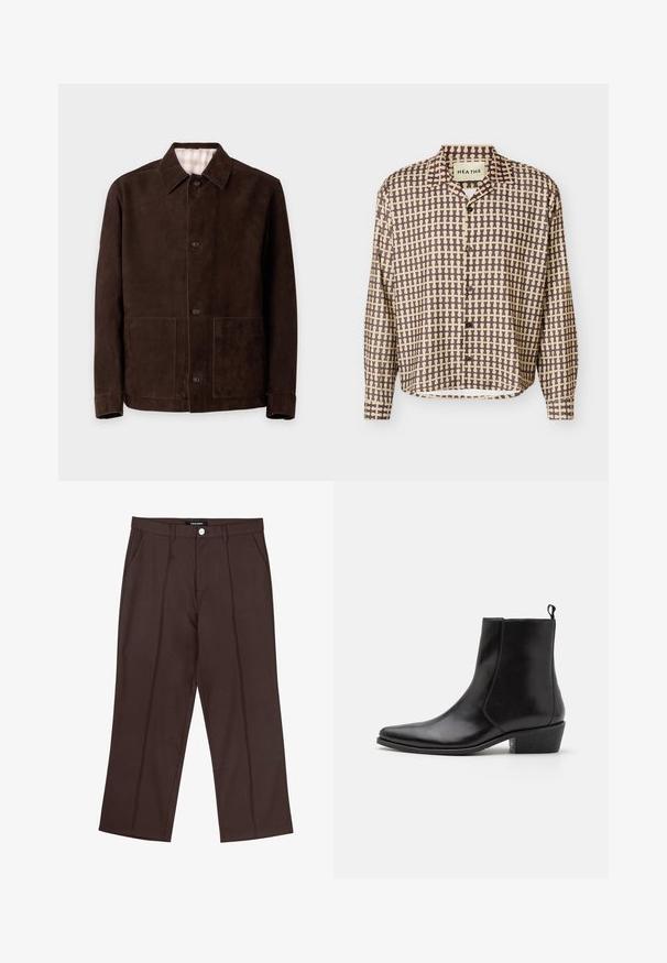 Chaqueta de ante marrón oscuro con cierre de botones, cuello abierto, mangas largas y dos bolsillos parche delanteros sobre un fondo liso claro.; Camisa de manga larga con botones, con patrón de cuadrícula abstracta en marrón y beige, y cuello abierto, mostrada sobre un fondo blanco.; Pantalones rectos marrones con pliegues frontales, bolsillos laterales, pasadores para cinturón y un cierre de botón de marca en la cintura.; Zign by Zalando LEATHER - Botines camperos - black