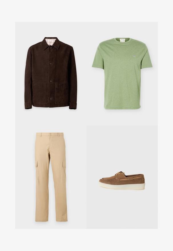 Veste en daim marron foncé avec fermeture à boutons sur le devant, col étalé, manches longues et deux poches plaquées devant sur un fond uni clair.; T-shirt en coton vert clair à manches courtes, col rond et petit logo brodé sur la poitrine gauche.; Pantalons cargo beiges en coton avec une coupe droite, dotés de poches latérales et d'une fermeture à bouton à la taille. Texture lisse, sans motifs.; Bateau en daim marron avec une semelle en caoutchouc crème, un détail de lacet et un contraste de couture, présentant un design à profil bas et une construction légère.