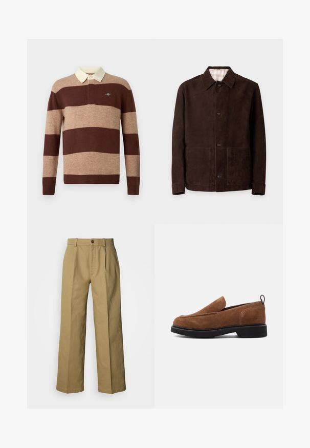 Donkerbruine suède jas met knopen aan de voorkant, een spreidkraag, lange mouwen en twee opgestikte zakken aan de voorkant op een effen lichte achtergrond.; Rugbyshirt met lange mouwen, voorzien van brede horizontale bruine en beige strepen en een crèmekleurige kraag, met een klein geborduurd logo op de borst.; Beige wijde broekspijpen gemaakt van katoen, met een knoopsluiting aan de voorkant, drie plooien en rechte zomen voor een ontspannen pasvorm.; Bruine suede instappers met een ronde neus, zwarte rubberen zool en een kleine hak. Voorzien van decoratieve stiksels op de bovenkant.