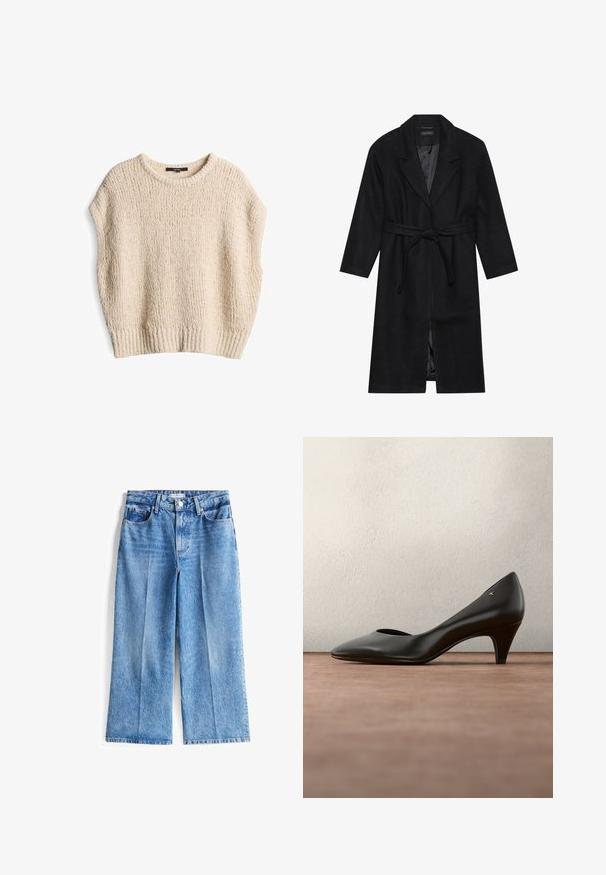 Manteau en laine noir avec un col à revers, des manches longues et une ceinture à nouer à la taille. Présente une coupe droite et une doublure intérieure lisse.; Pull en maille crème avec une coupe ample, des manches courtes, un ourlet côtelé et un motif texturé, fabriqué à partir d'un matériau doux et confortable.; Jean en denim bleu clair à jambe large avec une taille haute, comportant une fermeture à boutons sur le devant, cinq poches et des détails d'ourlet effilochés.; Escarpin en cuir noir avec un bout pointu, un talon bas et un léger design découpé. Il présente une semelle intérieure beige et un accent doré minimal sur le côté.