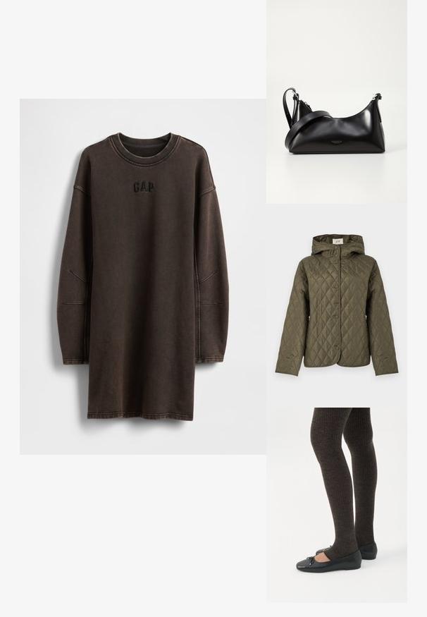 Veste matelassée vert olive avec capuche, dotée de fermetures à boutons-pression, de manches longues et d'une finition lisse et texturée.; Robe sweat-shirt oversize marron en matière douce, avec un col rond et un logo "GAP" brodé sur la poitrine.; Jambes portant des leggings côtelés foncés associés à des ballerines noires avec de petits détails en nœud sur fond blanc.; Sac à main en cuir noir avec une texture lisse. Dispose d'une bandoulière adjustable et d'un design élégant et minimaliste avec une fermeture éclair.