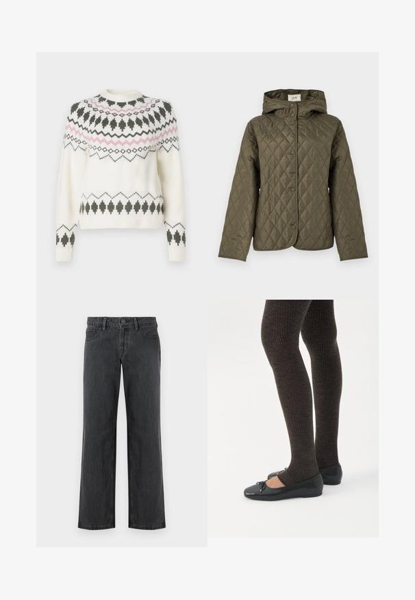 Veste matelassée vert olive avec capuche, dotée de fermetures à boutons-pression, de manches longues et d'une finition lisse et texturée.; Pull en tricot blanc avec des motifs géométriques noirs et roses sur la poitrine, les manches et l'ourlet, présentant un col rond et des poignets côtelés.; Jeans gris foncé à jambes larges en denim, avec une ceinture standard, cinq poches et une fermeture à bouton. Texture lisse et coutures uniformes.; Jambes portant des leggings côtelés foncés associés à des ballerines noires avec de petits détails en nœud sur fond blanc.
