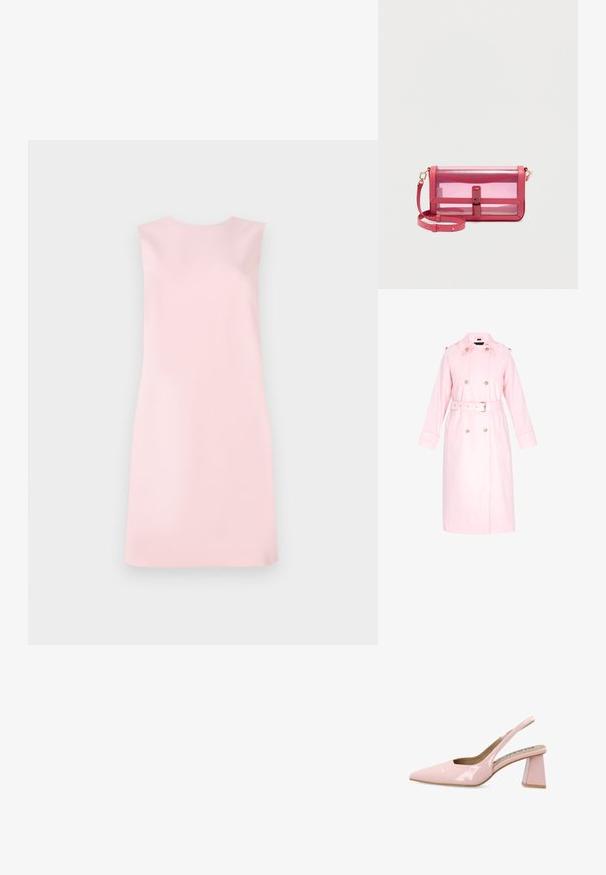 Lys pink trenchcoat lavet af glat stof, med dobbeltknaplukning, bælte og store lommer. Lange ærmer med manchetter.; Ærmeløs kjole i blødt pink stof, der har en enkel A-formet pasform, rund halsudskæring og en glat tekstur uden mønstre eller udsmykninger.; Bianco Pumps - dusty pink; Lyserød gennemsigtig rektangulær skuldertaske med klaplåg og justerbar rem, sat mod en ensartet lys baggrund.