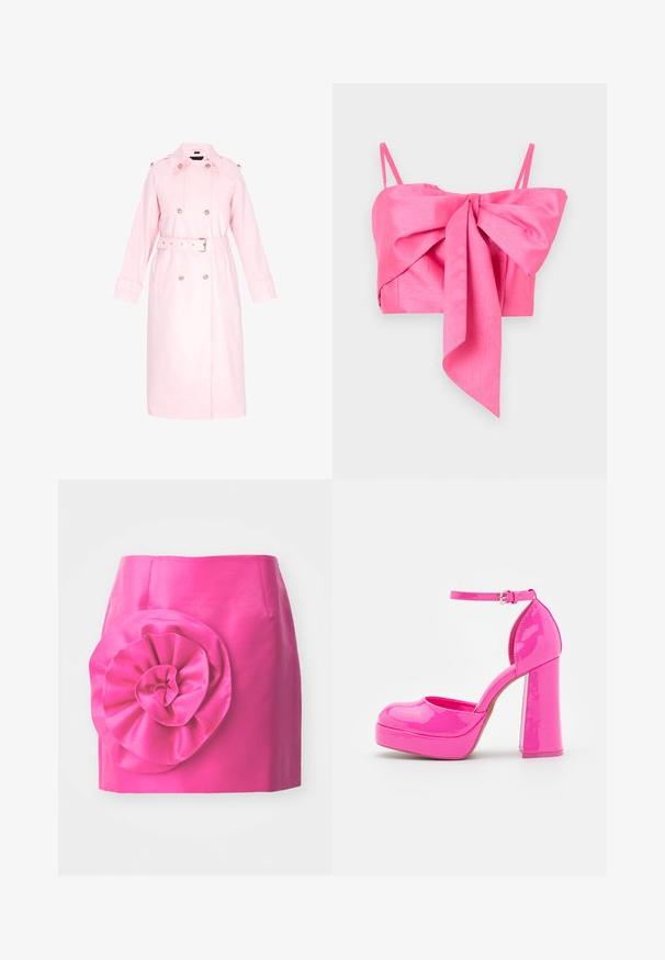 Kerge roosa trench coat, mis on valmistatud siledast kangast, topelt-nupud, vöö ja suured taskud. Pikad varrukad koos mansettide detailidega.; Roosa lühike topp, millel on ees rihmadetail, valmistatud siledast kangast, õhukeste rihmadega ja elegantse siluetiga.; Roosa satiinseelik, millel on istuv disain ja suur, krobelise tekstuuriga lille aksent vasakul küljel. Sile pind, millel on läikiv viimistlus.; Call it Spring ANABELLE - Platvormkontsad - dark pink