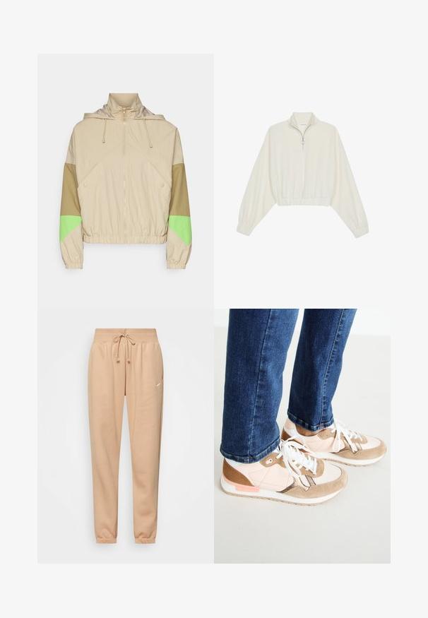 Chaqueta beige con capucha, que presenta bloques de color verdes y marrones, un cierre central, puños elásticos y un dobladillo ajustado. Tela texturizada.; Sudadera cropped en tejido crema, con cuello alto, cierre de media cremallera, dobladillo y puños elásticos, con una textura suave y un diseño minimalista.; Pantalones sudados beige hechos de una suave mezcla de algodón, con una cintura elástica y cordón ajustable, y puños en los tobillos. Detalle de un pequeño logotipo.; Zapatillas con una mezcla de piel en color rosa empolvado y ante beige, con cordones blancos, una entresuela blanca y una suela de goma texturizada. Jeans de mezclilla ligeramente recortados por encima del zapato.