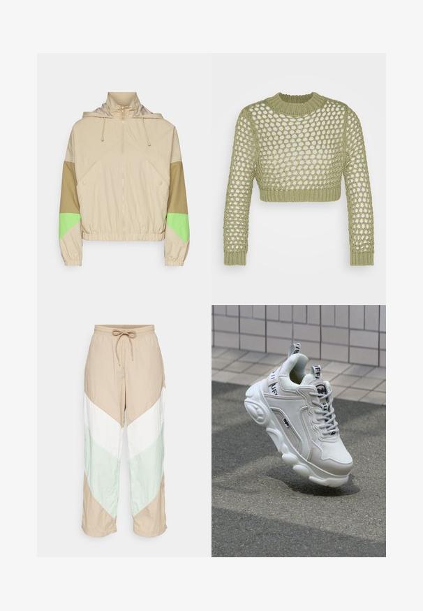 Veste beige avec capuche, présentant des blocs de couleur verts et bruns, une fermeture éclair au centre, des poignets élastiques et un ourlet resserré. Tissu texturé.; Cotton On OPEN CROP - Pullover - cool khaki; Pantalons légers à blocs de couleurs présentant des panneaux beige, blanc et vert clair dans un design en chevron. Taille élastique avec cordon de serrage ajustable.; Sneaker blanc en matériaux mesh et cuir, bout arrondi, semelle épaisse, lacets proéminents et marqué au talon et sur la languette.