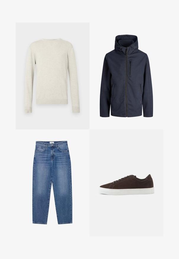 Marineblå hættejakke med fuld lynlås foran, lynlåslomme på brystet og to sidelommer. Enkel, vejrbestandig stof.; Beige sweater med lange ærmer og rund halsudskæring, med ribbede manchetter og kant, præsenteret mod en simpel hvid baggrund.; Blå denim jeans med høj talje, lige ben design og slidte finish. Har fem lommer og en knaplukning.; Mørkebrune ruskind lave sneakers med matchende snørebånd og tyk hvid gummisål, vist fra siden på en ensfarvet baggrund.