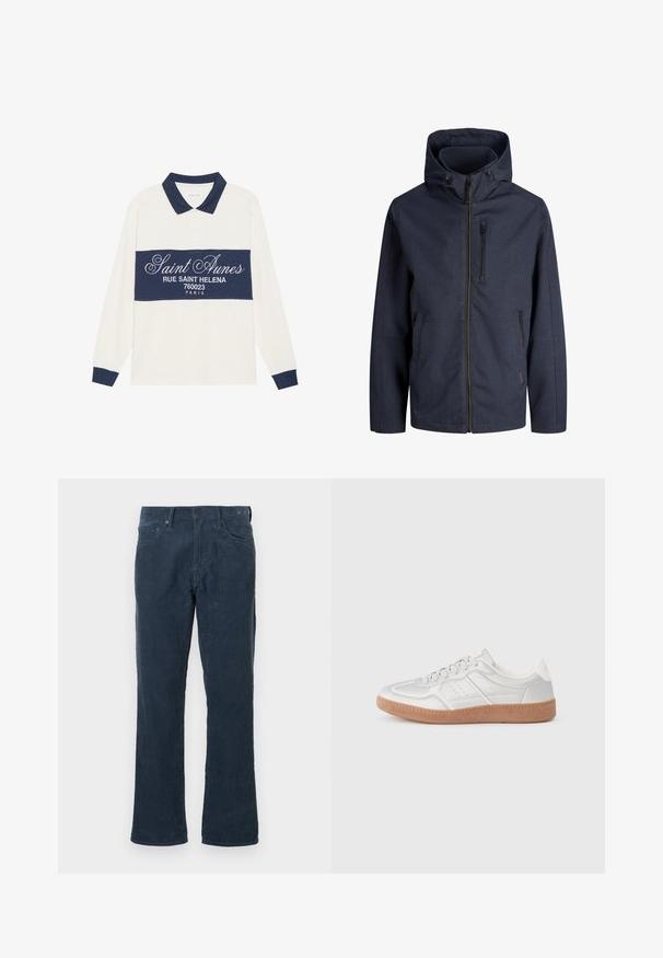 Marineblå hættejakke med fuld lynlås foran, lynlåslomme på brystet og to sidelommer. Enkel, vejrbestandig stof.; Langærmet polo shirt, creme og marineblå, i en bomuldsblanding. Har et marineblåt bånd med hvid tekst og en klassisk krave med marineblå kant.; Mørkeblå corduroybukser med lige ben, der har forlommer, knaplukning og en subtil ribbet tekstur.; Sølv sneakers med en glat overflade, snørebånd, perforerede detaljer og en struktureret brun gummi sål.