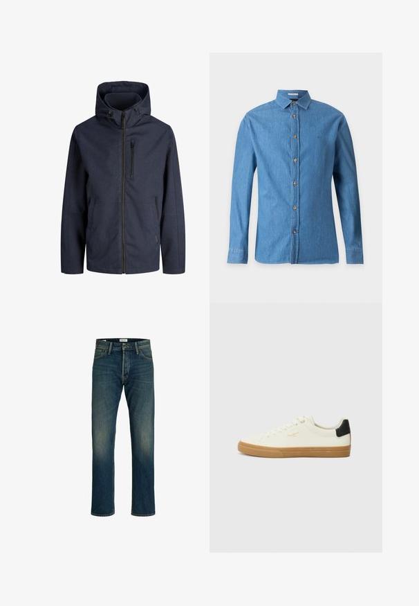Chaqueta azul marino con capucha, cremallera completa en la parte delantera, bolsillo en el pecho con cremallera y dos bolsillos laterales. Tejido simple y resistente al clima.; Camisa azul de mezclilla de manga larga con cuello y botones marrones en la parte delantera, mostrada sobre un fondo liso gris claro.; Vaqueros de denim con un lavado azul medio, corte recto, diseño clásico de cinco bolsillos y un ligero desgaste en los muslos para mayor textura.; Zapatilla de lona blanca con suela de goma, acento negro en el talón, punta redonda y diseño con cordones. Presenta el logo de la marca en dorado en el lateral.