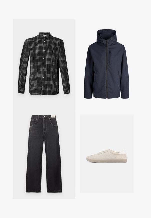 Veste à capuche bleu marine avec fermeture éclair complète à l'avant, poche poitrine zippée et deux poches latérales. Tissu simple et résistant aux intempéries.; Chemise à carreaux noir et blanc à boutons. Manches longues, col et fermeture à cinq boutons à l'avant. Tissu doux avec une texture lisse et coupe régulière.; Jean noir à jambes larges en denim, doté de cinq poches, de coutures blanches contrastantes et d'une fermeture par bouton à la taille.; Baskets en daim beige avec une tige texturée, un contrefort de talon blanc lisse, de fines lacets et une semelle extérieure en caoutchouc. Présente un design bas profil.