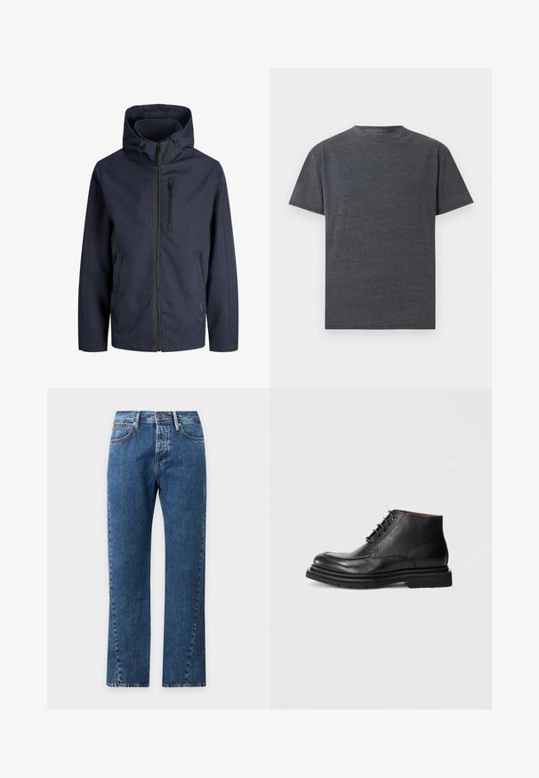 Marineblauwe capuchonjas met volledige voorrits, ritssluiting op de borstzak en twee zijzakken. Eenvoudige, weerbestendige stof.; Donkergrijs T-shirt met korte mouwen en ronde hals, effen design, plat uitgestald tegen een lichte achtergrond.; Blauwe rechte spijkerbroek met voorzakken, knoopsluiting en zichtbare stiksels op een effen lichte achtergrond.; Zwarte leren enkellaars met vetersluiting, ronde neus en dikke rubberen zool tegen een effen witte achtergrond.