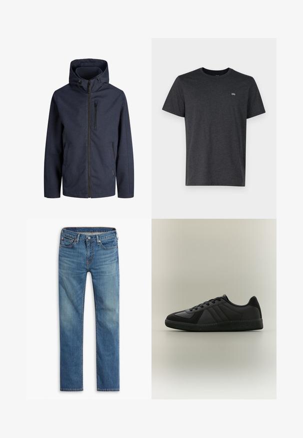 Marineblaue Kapuzenjacke mit durchgehendem Frontreißverschluss, Reißverschlusstasche auf der Brust und zwei seitlichen Taschen. Einfacher, wetterfester Stoff.; Dunkelgraues kurzärmeliges T-Shirt aus Baumwolle, mit rundem Ausschnitt und kleinem Logo auf der linken Brustseite. Glatte Textur.; Blaue gerade geschnittene Jeans mit Knopf- und Reißverschluss vorne, Fünf-Taschen-Design und dezenten Ausbleichungen an Oberschenkeln und Knien.; Niedrig geschnittener schwarzer Sneaker mit strukturierter Sohle, Schnürverschluss und dezenten Paneeldetails, seitlich auf schlichtem Hintergrund dargestellt.