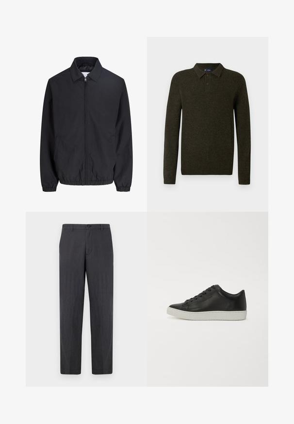 Sort lynlåstrøje med krave, elastiske manchetter og kant, forlommer, lavet af let stof.; Grøn langærmet polo sweater med struktureret finish, to knaplukninger og ribstrikkede manchetter. Enkel, klassisk design der er velegnet til afslappet brug.; Mørkegrå, lige ben bukser lavet af letvægtsstof. Har en knaplukning og en flad front uden synlige lommer. Glat tekstur.; Sorte lædersneakers med rund tå, flad hvid gummisål og seks huller til snørebånd. Glat overflade, minimalistisk stil.