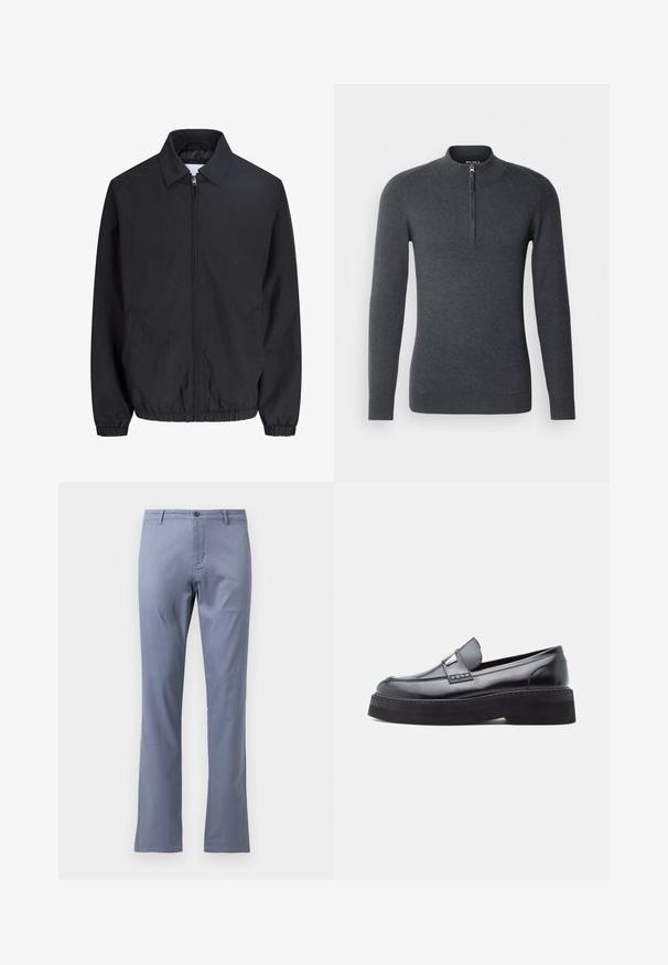Schwarze Jacke mit Reißverschluss, Kragen, elastischen Bündchen und Saum sowie Vordertaschen, aus leichtem Stoff gefertigt.; Dunkelgrauer Pullover mit hohem Kragen und kurzem Reißverschluss an der Vorderseite. Aus weichem, strukturiertem Stoff mit langen Ärmeln und gerippten Bündchen.; Helle blaue Baumwollhose mit geradem Schnitt, flachem Vorderteil, Gürtelschlaufen und einem einzigen Knopfverschluss an der Taille. Keine sichtbaren Muster.; Schwarzer Loafer aus Lackleder mit abgerundeter Zehenpartie, dekorativem Schnallendetail und dicker schwarzer Plateausohle, mit glatter und glänzender Oberfläche.