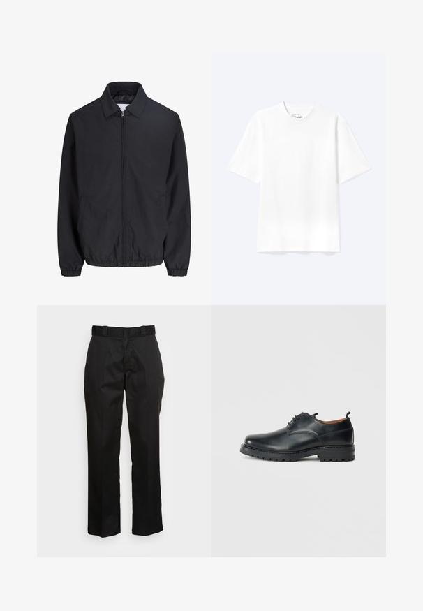 Veste noire zippée avec col, poignets élastiques et ourlet, poches avant, en tissu léger.; T-shirt blanc uni à manches courtes et col rond avec une coupe décontractée, présenté sur un fond clair.; Pantalons noirs en tissu lisse, avec une coupe droite, des passants de ceinture et deux poches latérales. Look classique sans embellissements.; Chaussures derby en cuir noir avec une texture lisse, bout rond, design à lacets et une semelle en caoutchouc épaisse et robuste.