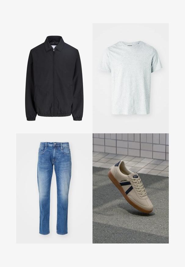 Sort lynlåstrøje med krave, elastiske manchetter og kant, forlommer, lavet af let stof.; Lys grå, kortærmet t-shirt lavet af blødt stof, med en rund hals og en let afslappet pasform. Ingen synlige mønstre eller grafik.; Lys blå denim jeans med lige ben, fem-lomme design, subtil falmning, og en standart talje med knaplukning.; Beige sneaker med struktureret overflade, marineblå striber og gummisål. Har en polstret tunge og traditionelt snørresystem for en sikker pasform.