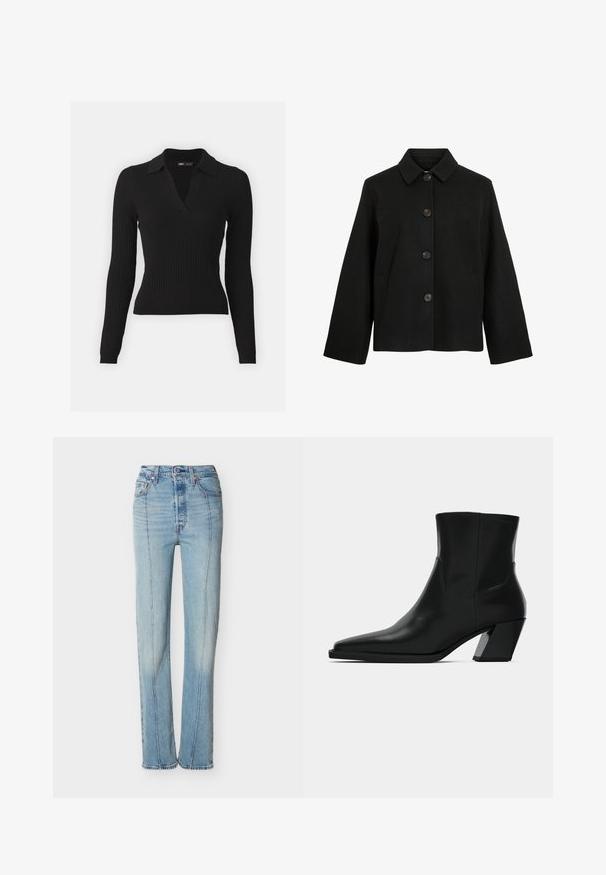 Veste en laine noire avec col classique, manches longues, fermeture boutonnée devant et poches latérales, présentée sur fond blanc.; Pull en polo noir à rayures, à manches longues et col en V. Dispose d'un tissu en maille texturé et d'une silhouette ajustée pour une apparence épurée.; Jean bleu clair taille haute à jambes droites avec coutures avant, fermeture à boutons et design à cinq poches sur fond blanc.; Bottine en cuir noir avec un bout pointu, une silhouette élégante et un talon carré massif. Texture lisse avec des détails de couture minimalistes.