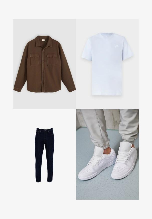 Brun skjorte med knapper lavet af tekstureret stof, med krave, to brystlommer og en lige kant. Tydeligt sildebensmønster.; Lyseblå bomulds t-shirt med korte ærmer, rund hals og et hvidt Nike-logo trykt på venstre bryst. Glat tekstur, simpelt design.; Mørkeblå denim jeans med lige ben. Har fem lommer, kontrastsytråde og en standard talje med knaplukning.; Hvide lædersneakers har en perforeret tåboks, flade snørebånd, polstret krave og Jordan-logoet på tungen. Båret med grå joggers.