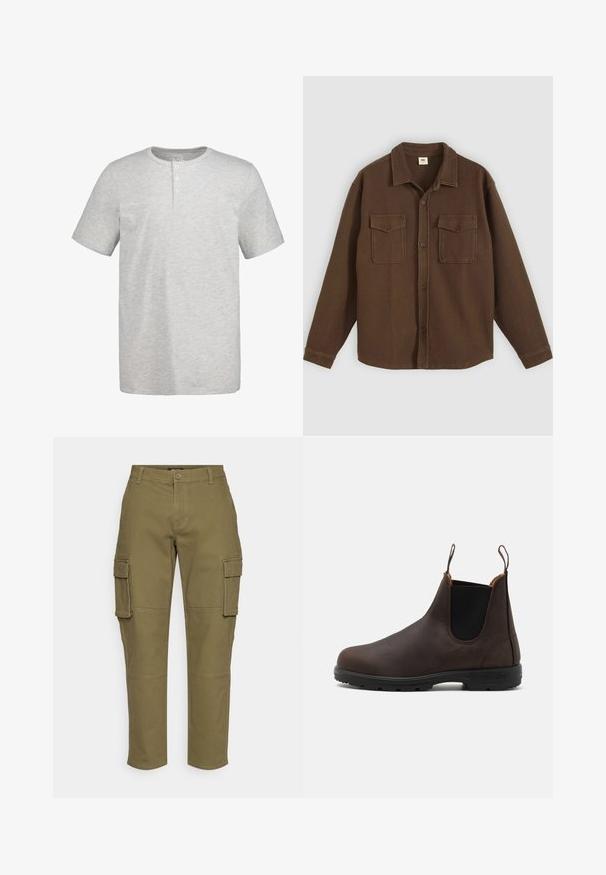 Camisa marrón abotonada hecha de tela texturizada, con cuello, dos bolsillos en el pecho y dobladillo recto. Patrón de espiga visible.; Camiseta henley de manga corta de color gris claro con cuello redondo y tres botones blancos en la tapeta frontal.; Pantalones cargo verdes oliva con un diseño de pierna recta, que presentan bolsillos laterales, un cierre de botón y detalles de costura visibles. Hechos de un tejido duradero.; Botín de piel marrón hasta el tobillo con paneles laterales elásticos y lengüetas en la parte superior, que presenta una superficie texturizada y una suela de goma negra duradera.