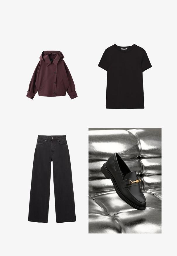 Mørk maroon hættejakke med bred krave, tre knapper foran, to sidelommer og justerbare manchetter.; Sort kortærmet t-shirt i bomuld med rund halsudskæring, standard pasform og synlig indvendig halsmærkat.; Sorte denim-jeans med brede ben, høj talje, fem lommer og knappelukning med diskrete syningsdetaljer.; Sorte læder loafers med en guldfarvet hardware detalje. Skoen har et elegant design og en glat, skinnende overflade.
