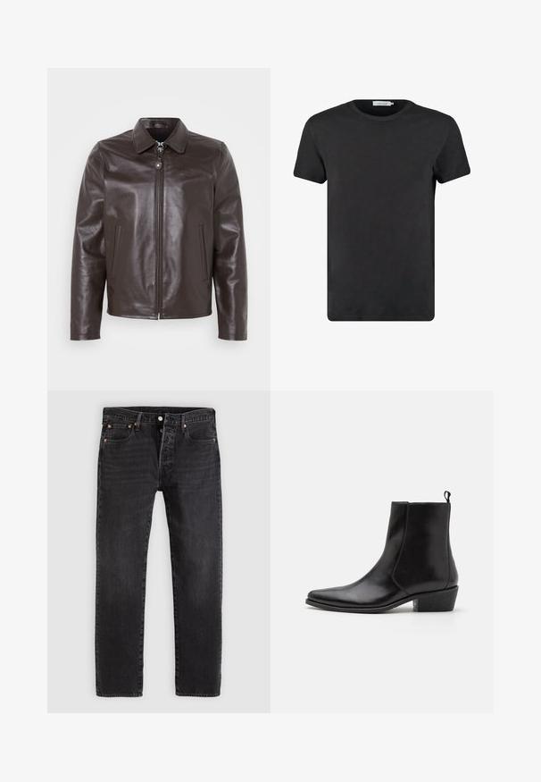 Veste en cuir marron avec un col, fermeture éclair à l'avant et poches latérales. Texture lisse avec un branding subtil sur la poitrine.; T-shirt en coton noir avec un col rond et des manches courtes. Le tissu a une texture lisse et sans motifs ni accents. Coupe classique.; Jean en denim noir à coupe droite, avec deux poches avant, une poche à monnaie et des rivets en métal. Design classique à cinq poches.; Zign by Zalando LEATHER - Bottines de cowboy / motard - black