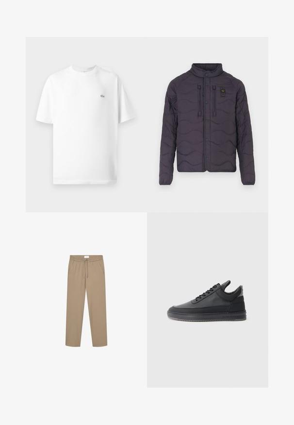 Polstret lilla jakke med bølgemønster, trykknaplukning og høj krave. Har to frontlommer og dekorativ syning.; Hvid bomulds t-shirt med rund hals og korte ærmer. Har et lille sort Lacoste-logo på venstre side af brystet.; Beige strækbukser med elastisk talje og snørelukning, der har to sidelommer og et lige ben-design. Glat tekstur.; Sorte læder sneakers med en struktureret overflade, snørebåndsdesign, lav top og en grå gummisål med en rillekant.