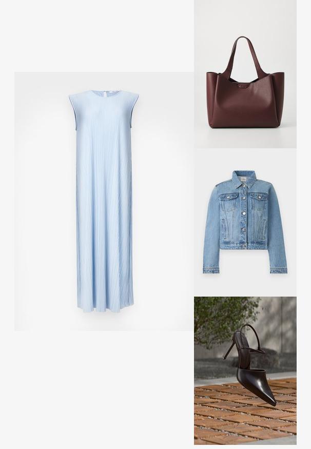 Chaqueta vaquera azul claro con botones plateados, dos bolsillos con solapa en el pecho, bolsillos laterales con abertura y cuello clásico.; Vestido sin mangas de plisados en azul claro con un escote redondo y un cierre en la espalda con forma de llave. Silueta en A fluida, textura suave y un brillo sutil.; Zueco negro brillante de tacón alto con puntera puntiaguda y correa en el tobillo, suspendido sobre una superficie de baldosas de terracota con espacios de grava.; Bolso tote de cuero burdeos con forma estructurada, superficie texturizada y asas dobles. Presenta un acento de logo metálico en la parte frontal.