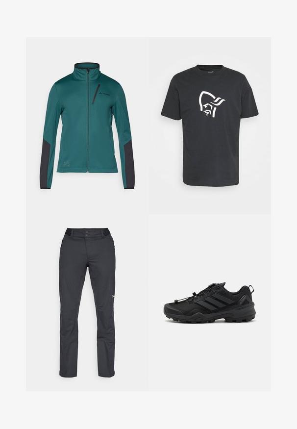 Teal fleecejakke med høj krave, fuld frontlynlås, sorte accentpaneler på ærmerne og en lille brystlomme. Logo trykt på brystet.; Sort bomulds t-shirt med et stort hvidt grafik af et stiliseret ansigt med et hovedbeklædning på fronten. Klassisk rund halsudskæring og korte ærmer.; Berghaus RIDGE ROAMER - Outdoorbukser - black; Sort atletisk sko med en tekstureret mesh-overdel, kontrasterende syntetiske accenter og en robust gummisål. Har et sikkert snøresystem og bageste loop.