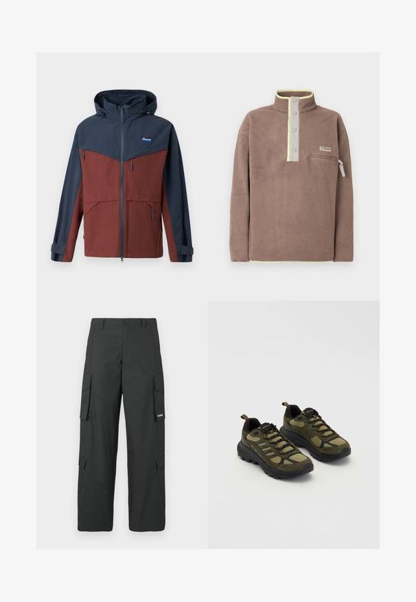 Penfield NORTHRIM RAIN JACKET - Hardshell-jakke - rum raisin; Brun fleecepullover med knappelukning, lynlåslomme på brystet og lysegul kant ved krave og kant.; Sorte straight-leg cargo bukser med sidelommer med klap, knaplukning, bæltestropper og et lille hvidt logo på klappen af højre lomme.; Grønne og sorte atletiske sko med en struktureret overdel, netpaneler, robust sål og snørebåndsdesign med forstærket tå og hæl.