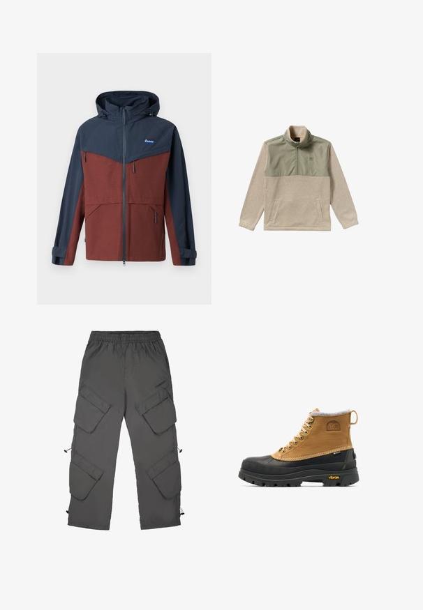 Penfield NORTHRIM RAIN JACKET - Hardshell-jakke - rum raisin; Fleece pullover i beige og olivengrøn med halvlukket design, høj krave og to sidelommer. Glat tekstur på det øverste panel.; Cargo bukser i mørkegrå stof med elastisk talje, flere cargo-lommer, snoretræk ved bunden og en glat tekstur.; Brun og sort isoleret snørestøvle til vinter med gummisål og Vibram-mønster, med Sorel- og Gore-Tex-logoer.
