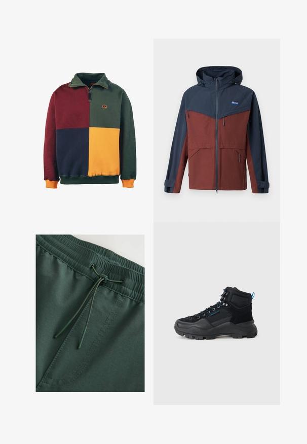 Penfield NORTHRIM RAIN JACKET - Hardshelljacke - rum raisin; Blockfarbener Sweatshirt mit Abschnitten in Grün, Burgunderrot, Marineblau und Senfgelb. Reißverschlusskragen-Design mit einem Elefantenlogo auf der Brust. Weicher Stoff.; Dunkelgrüne Sweatshorts mit elastischem Bund und Kordelzug, glatte Textur und sichtbare Nähdetails. Schlichtes, funktionales Design.; Schwarze Wanderschuhe aus einer Kombination von strukturiertem Synthetikmaterial und Mesh, mit blauen Akzenten, Metallösen und einer robusten Sohle.