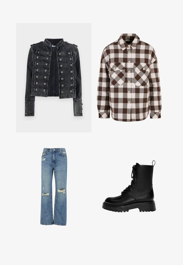 Sort cropped militærstil denimjakke med metalliske knapdetaljer og en stående krave, mærket indvendigt som The Kooples.; Brun og hvid plaid knap-op skjorte med to brystlommer, der har en klassisk krave og knap-ned foran. Blød stofstruktur.; Lyseblå denim jeans med højtalje, bred benpasform, slidte huller ved knæene og klassisk fem-lomme design.; Sorte snørebånd ankelstøvler lavet af syntetisk læder, med en kraftig sål, trækstrop og fremtrædende syninger.