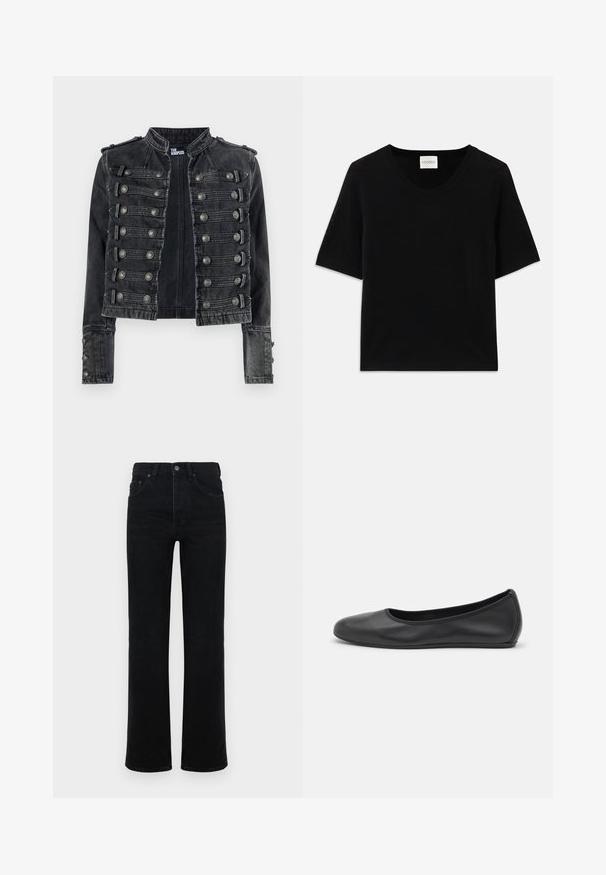 Zwarte cropped denim jas in militaire stijl met metalen knoopdetails en een opstaande kraag, aan de binnenkant merk The Kooples.; Zwarte gebreide top met korte mouwen en een ronde halslijn. Heeft een soepele textuur en ribbelaccenten langs de halslijn en mouwen.; Zwarte denim jeans met een hoge taille, rechte pijpen, vijfzakken ontwerp en een sluiting met een knoop aan de voorkant. Gladde textuur, minimale detaillering.; Zwarte leren ballerina met een ronde neus, gladde textuur, minimale stikdetails en een flexibele zoolontwerp.