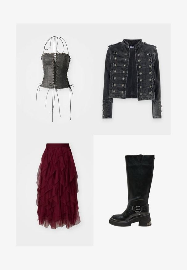 Sort cropped militærstil denimjakke med metalliske knapdetaljer og en stående krave, mærket indvendigt som The Kooples.; Jaded London LONGLINE LACE UP HALTER CORSET - Top - black; Bordeaux tylskørt med flere lag af flæser, en bred talje og en flydende silhuet. Letvægts, tekstureret stof forbedrer bevægelsen.; Sort knæhøj læderstøvle med chunky blokhæle, sølv ring detalje på ankelrem, og metal accent på hælens side.