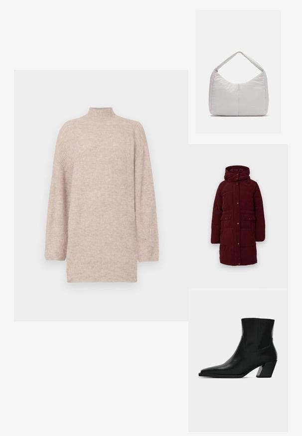 Burgundy pehmeä takki hupulla, valmistettu vakosamettimateriaalista. Varustettu napilla, kahdella etupussilla ja keskipitkällä muotoilulla. Teksturoitu pinta.; Beige korkeakauluksinen neule, jossa on tiputetut olkasaumat, valmistettu ribbikudotusta materiaalista. Rennon mallinen, pitkähihaiset ja sileä pinta.; Mustat nahkasaappaat nilkkapituisena, teräväkärkiset, sulavalinjaiset ja paksupohjaiset neliön malliset korot. Sileä pinta, jossa on minimaalista tikkausta.; Vaaleanharmaa pehmustettu olkalaukku, jossa on kaareva muoto, yksi kahva ja sileä, tekstuuri pinta. Yksinkertainen muotoilu ilman lisävarusteita.