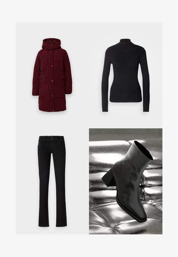 Bordeaux polstret frakke med hætte, lavet af fløjl. Den har trykknapper, to forlommer og et mellemlangt design. Tekstureret overflade.; Sort turtleneck sweater lavet af let strikket stof. Har lange ærmer, et tætsiddende design og en blød ribbet tekstur.; Sort slim-fit jeans med to frontlommer, bæltestropper og dobbelt knaplukning, præsenteret på en ensfarvet hvid baggrund.; Sorte ankelstøvler lavet af glossy materiale med firkantet tå og spidse hæle, sat mod en skinnende sølv tuftet baggrund.
