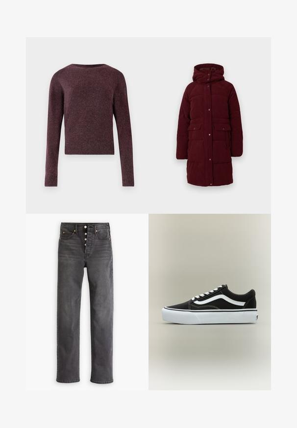 Bordeaux polstret frakke med hætte, lavet af fløjl. Den har trykknapper, to forlommer og et mellemlangt design. Tekstureret overflade.; Bordeaux strikket sweater med lange ærmer, rund halsudskæring, ribbede manchetter og kant, fremstillet i et blødt, struktureret stof i en let boxy form.; Grå denimjeans med høj talje, lige ben, fem lommer og knaplukning. Har kobberfarvet syning og diskret falming.; Lavtop sort sneaker med hvid side stribe, hvide snørebånd, hvid gummisål og tekstureret tåhætte på neutral baggrund.