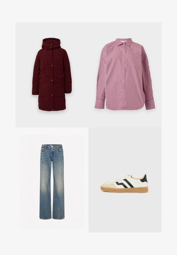 Abrigo acolchado burdeos con capucha, hecho de pana. Presenta botones a presión, dos bolsillos frontales y un diseño de longitud media. Superficie texturada.; Camisa rosa de manga larga con rayas negras verticales, abertura con botones en la parte delantera, cuello y bolsillo en el pecho.; Jeans de mezclilla anchos en un azul claro, con una textura deslavada, cinco bolsillos, cierre de botón y costuras de contraste a lo largo de las costuras.; Zapatilla blanca con puntera beige, rayas negras laterales, suela marrón claro y diseño de corte bajo.
