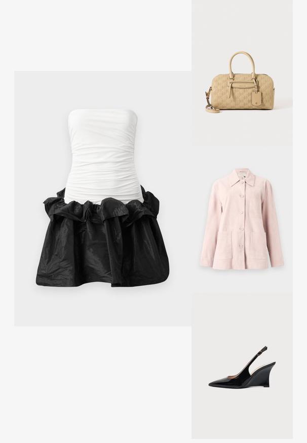 Hellrosa Wildlederjacke mit langen Ärmeln, Knopfleiste vorne, umgelegtem Kragen, einer Brusttasche und zwei aufgesetzten Fronttaschen.; Trägerloses Kleid mit einem weißen, taillierten Oberteil mit geraffter Textur und einem schwarzen, glänzenden Rock mit fransigem Saum.; Schwarzer Lackleder-Slingback-Wedgeschuh mit spitzer Zehenpartie und verstellbarer Knöchelschnalle vor weißem Hintergrund.; Beige Michael Kors Handtasche mit geprägt gemustertem MK-Logo, doppelten Griffen, vorderer Reißverschlusstasche und abnehmbarem Schulterriemen vor weißem Hintergrund.