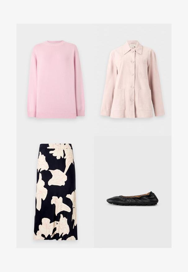 Veste en daim rose clair avec manches longues, devant boutonné, col ouvert, une poche poitrine et deux poches plaquées devant.; Pull rose clair à manches longues en tricot avec encolure ronde, poignets et ourlet côtelés, présenté sur un fond gris clair uni.; Jupe midi florale en tissu noir, ornée de grands motifs floraux rose pâle, avec une taille élastique et une texture lisse et fluide.; Ballerines en cuir noir avec des détails froncés au col, bout rond et semelle en caoutchouc flexible. Texture lisse dans l'ensemble.