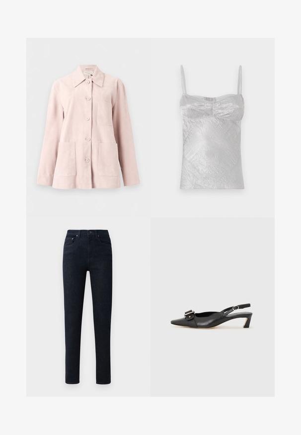 Chaqueta de ante rosa claro con mangas largas, cierre de botones, cuello abierto, un bolsillo en el pecho y dos bolsillos de parche delanteros.; Camisón de satén plateado con tirantes finos, textura arrugada y forma ajustada. Presenta costuras curvas y un escote redondeado.; Jeans de mezclilla azul oscuro con corte recto, que cuentan con un cierre de botón, cinco bolsillos y detalles de costura sutiles.; Zapato slingback de cuero negro con punta afilada, tacón pequeño y detalle de hebilla decorativa en la parte superior. Textura suave, diseño minimalista.